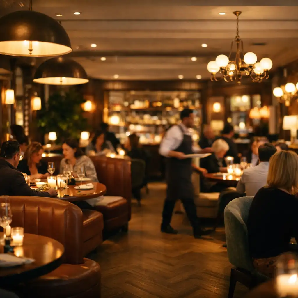 Atmospheric view of a modern English brasserie interior