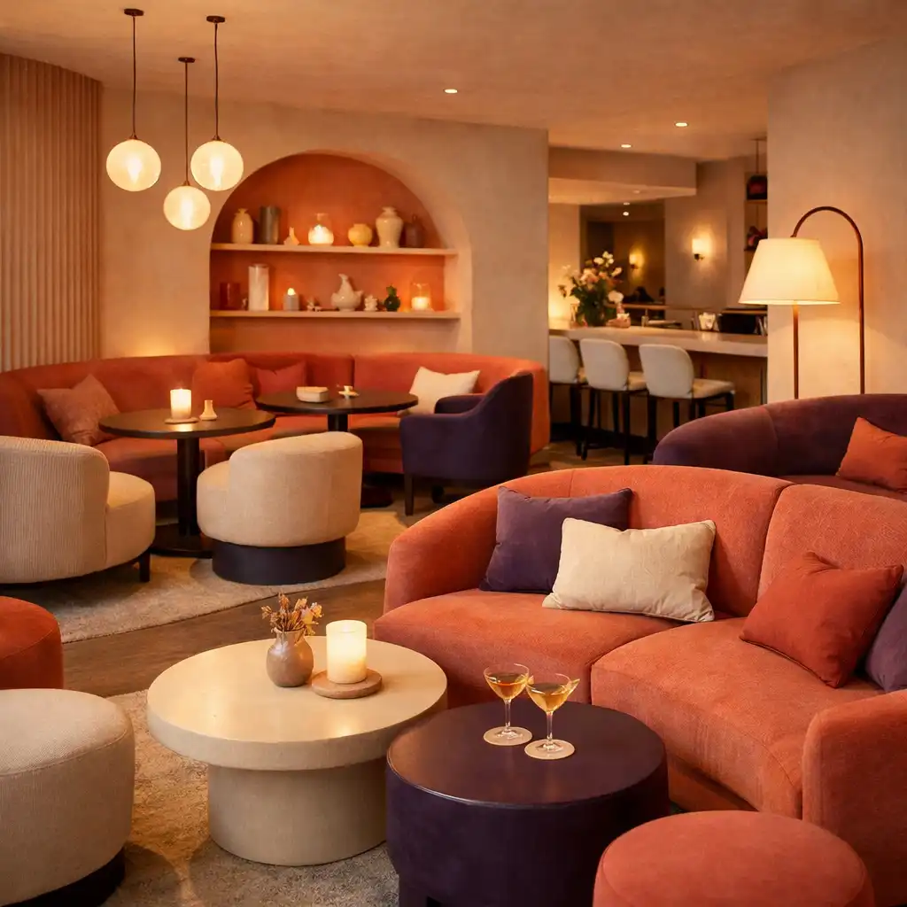 Warm brasserie lounge seating with soft lighting