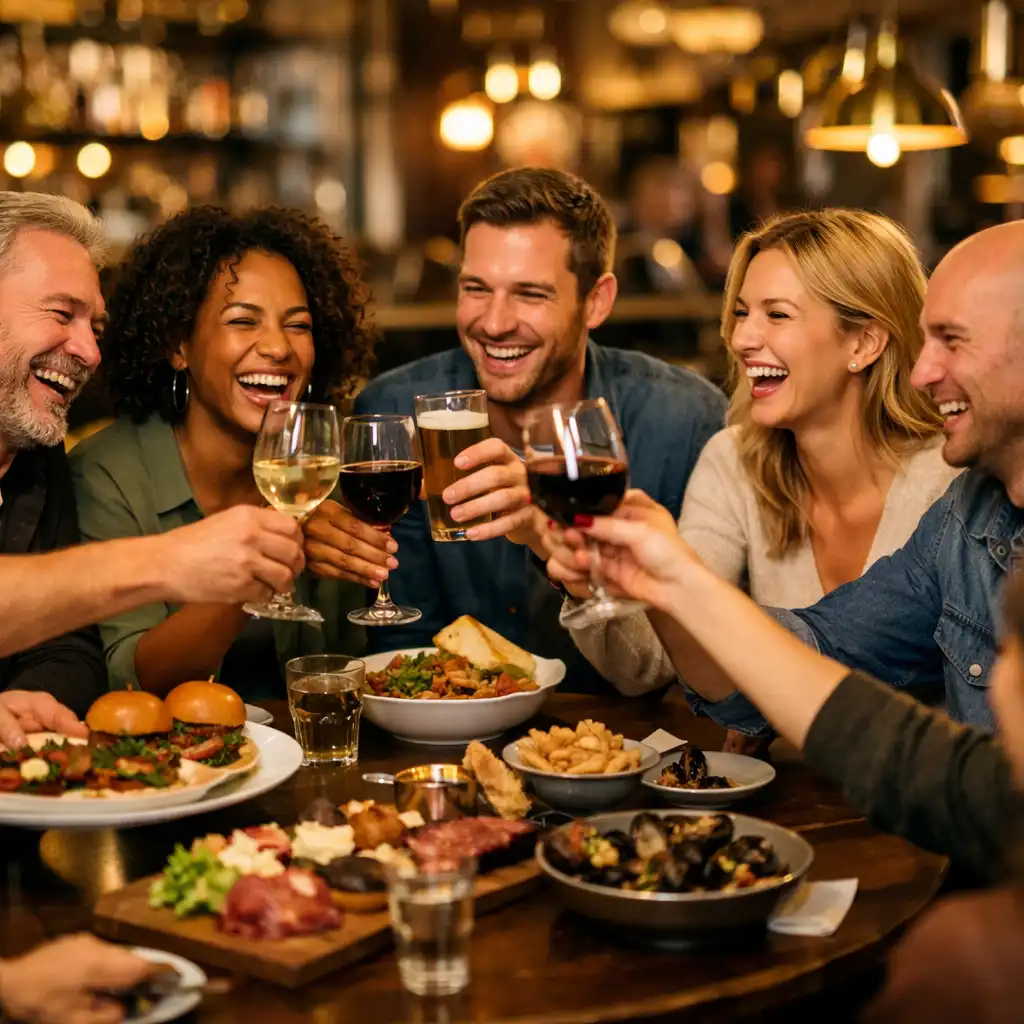 Group of people laughing and dining together