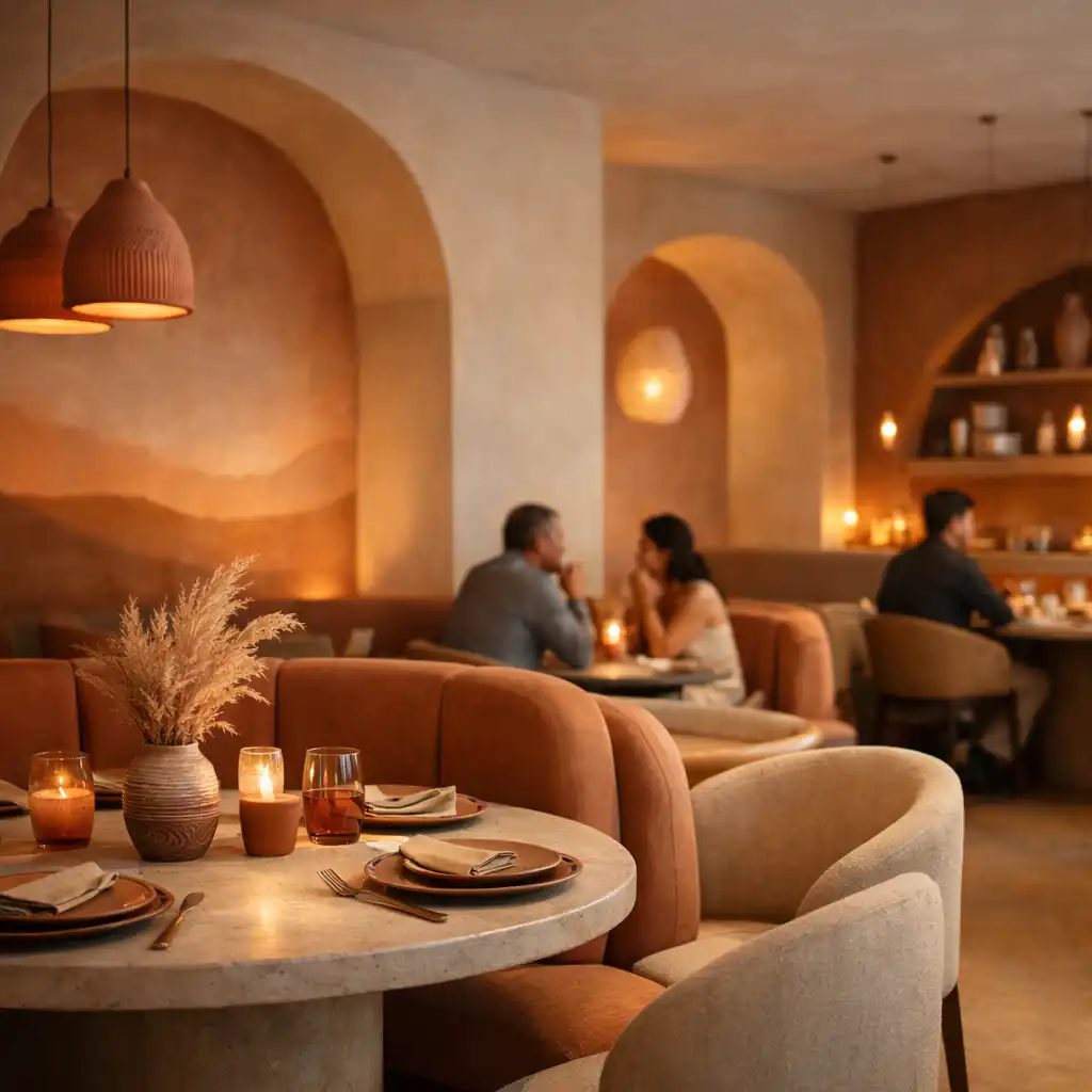 Warm brasserie interior with soft lighting and rounded seating