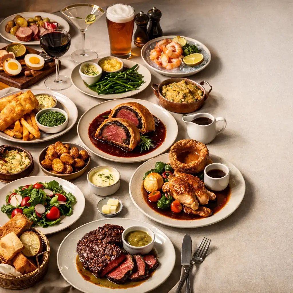 Shared English-inspired dishes arranged on a table