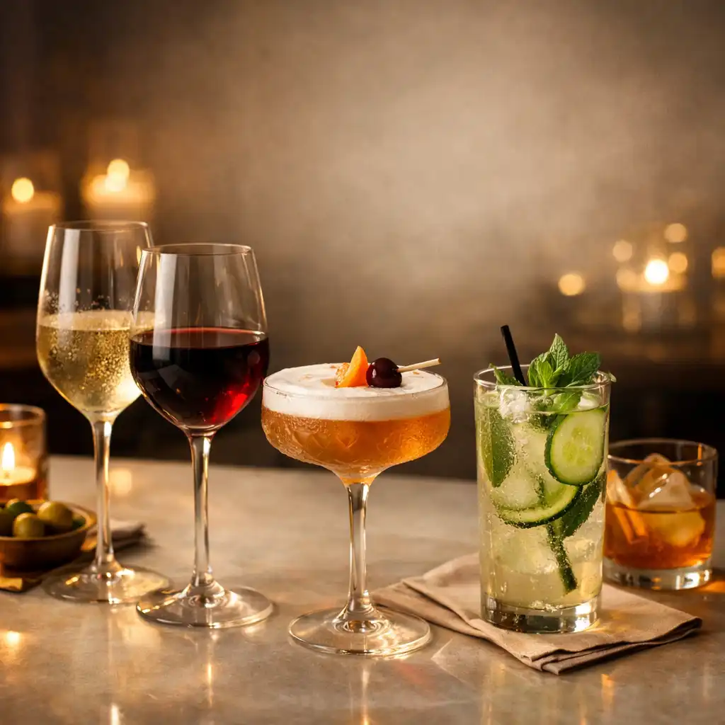 Curated drinks including wine and cocktails