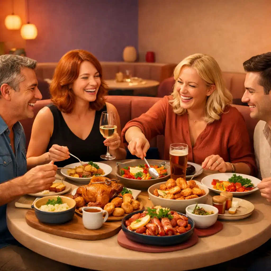 Guests enjoying a warm, social dining experience around a table