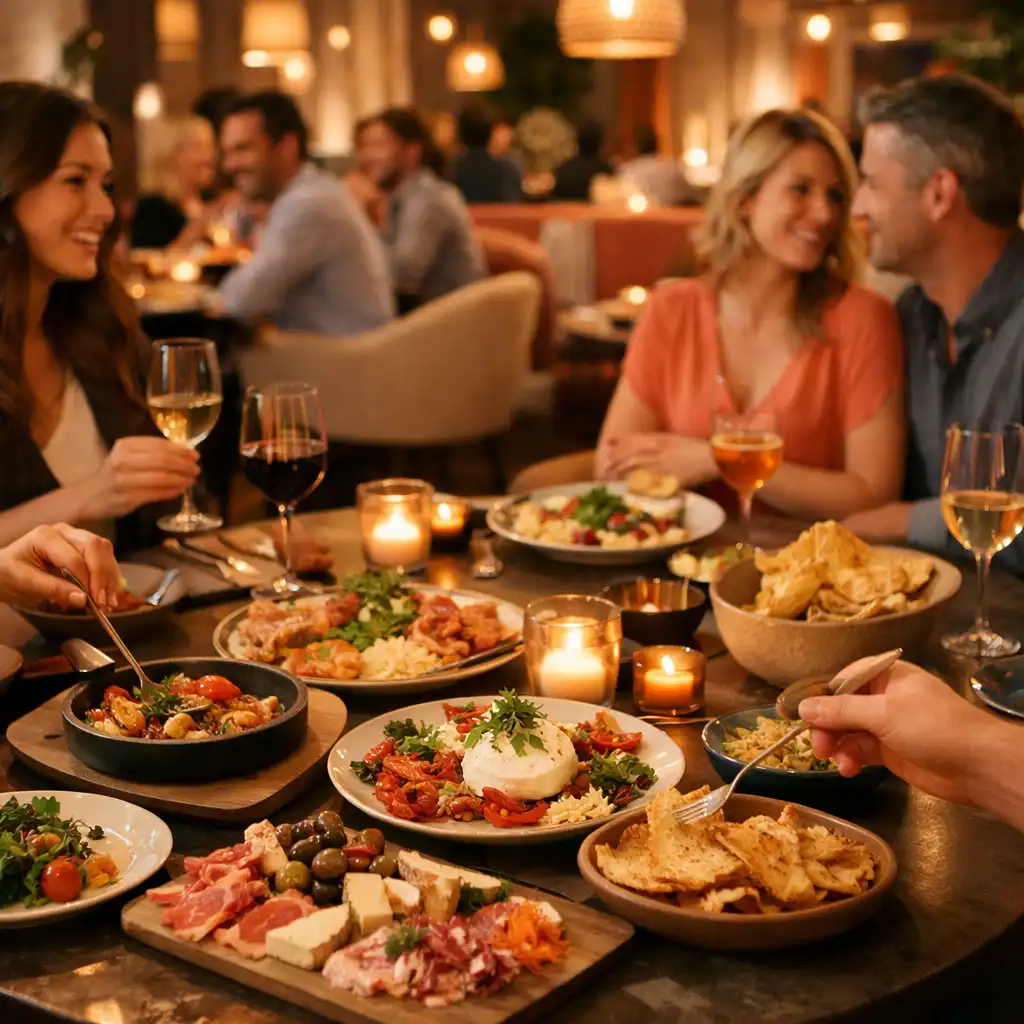Guests enjoying a lively dinner in a warm restaurant setting