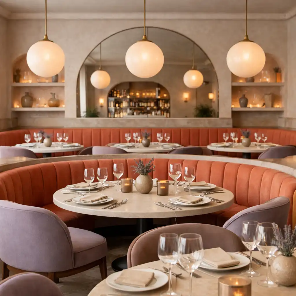 Restaurant interior with warm lighting