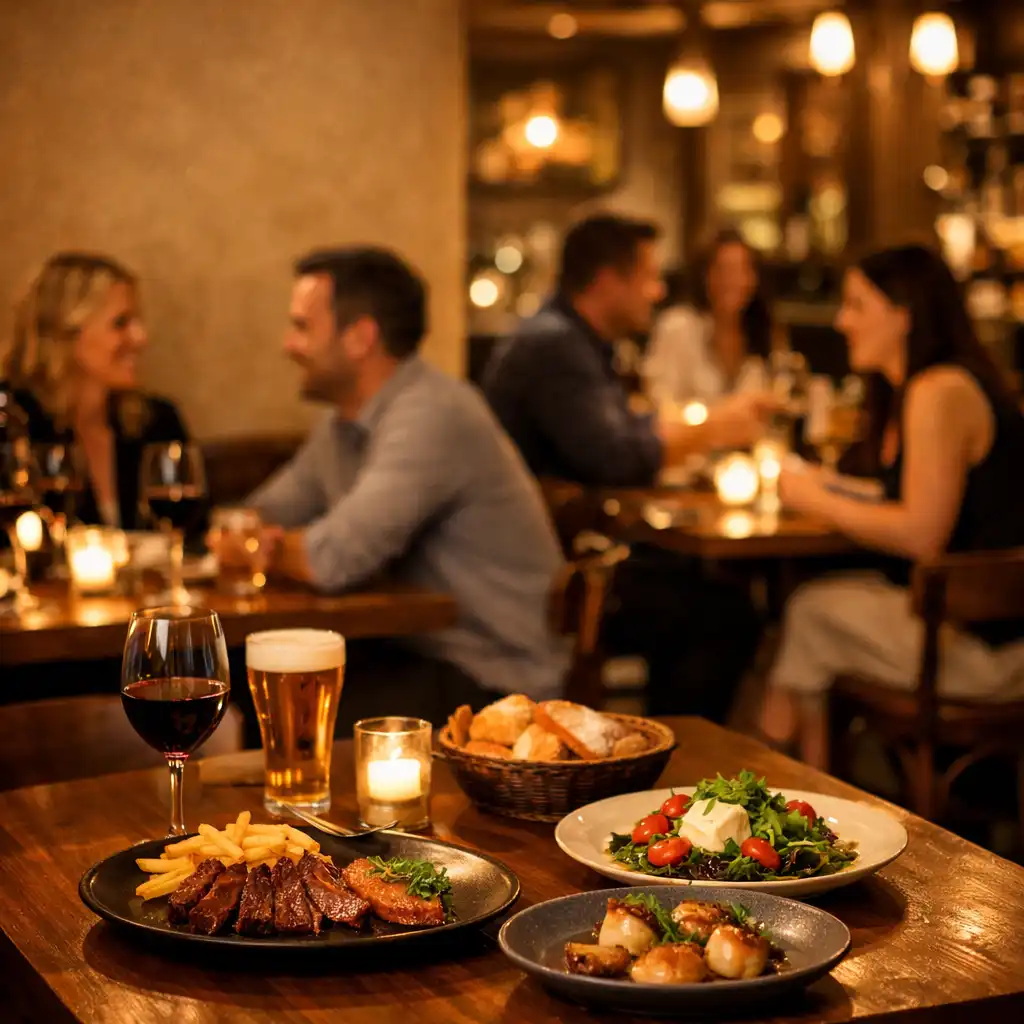 Warm English brasserie dining scene with guests sharing food