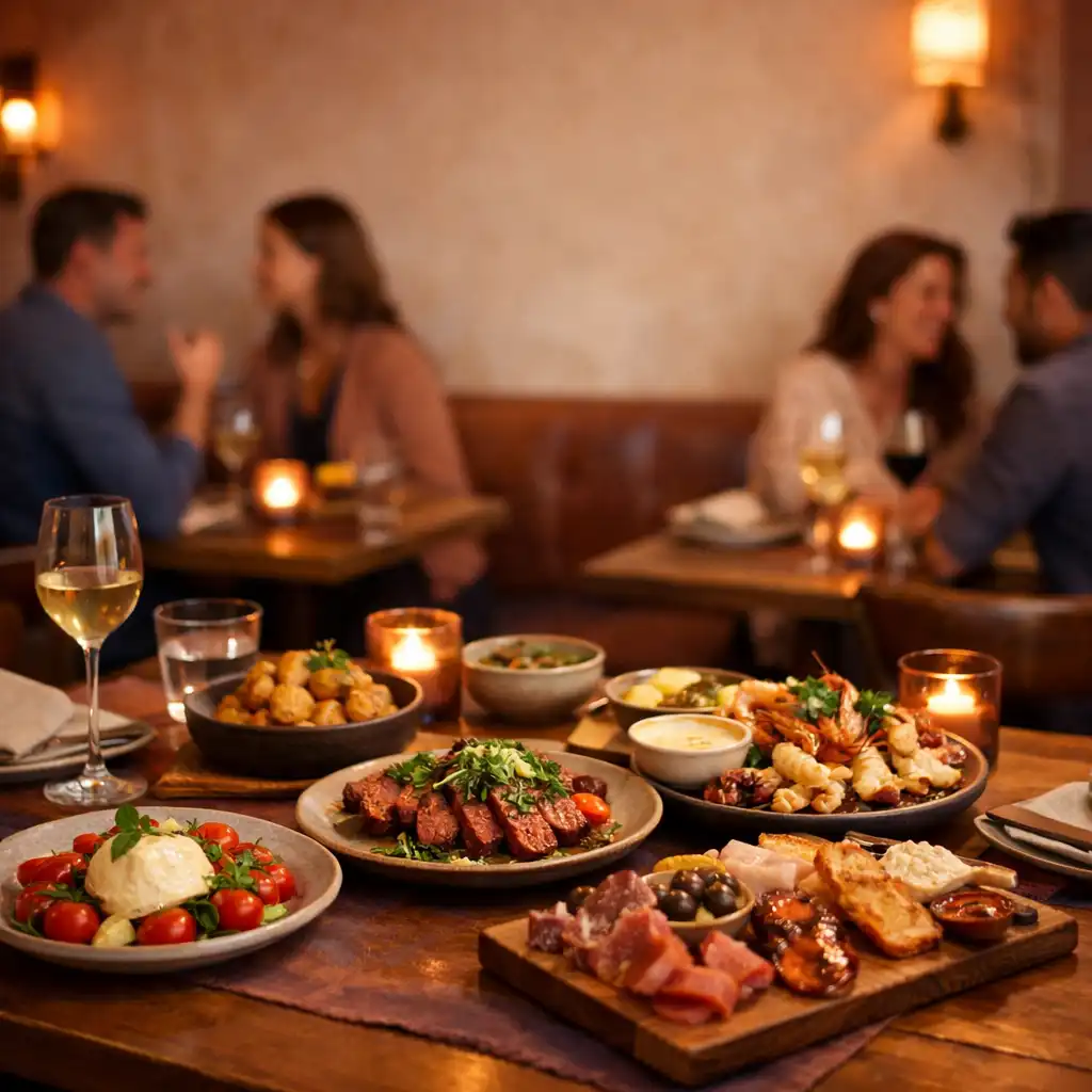 Warm brasserie dining scene with shared plates and soft lighting