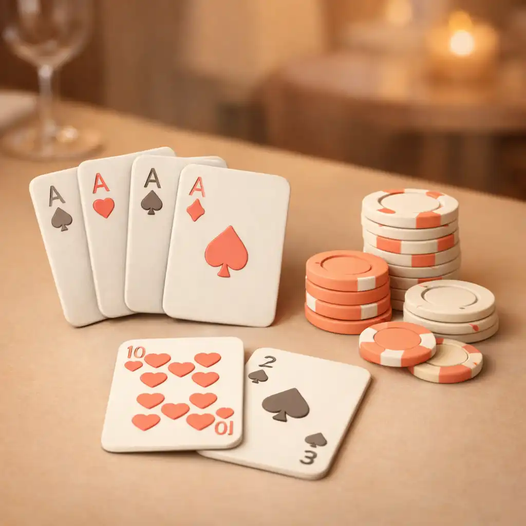 Clay-style cards and chips arranged on a softly lit restaurant table