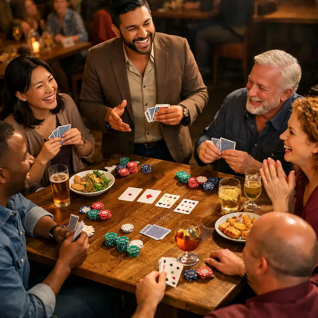 Guests enjoying a friendly poker-style game with food and drinks