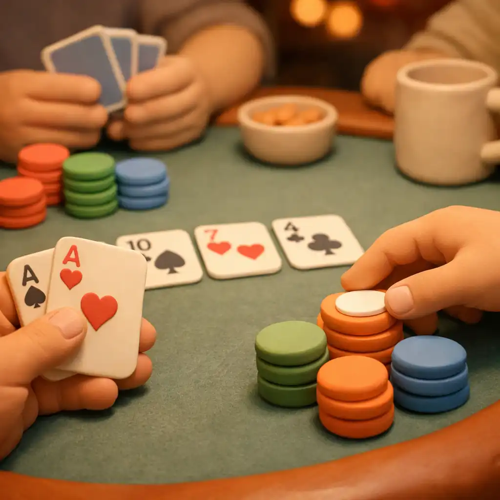 Clay-style poker table with cards and chips