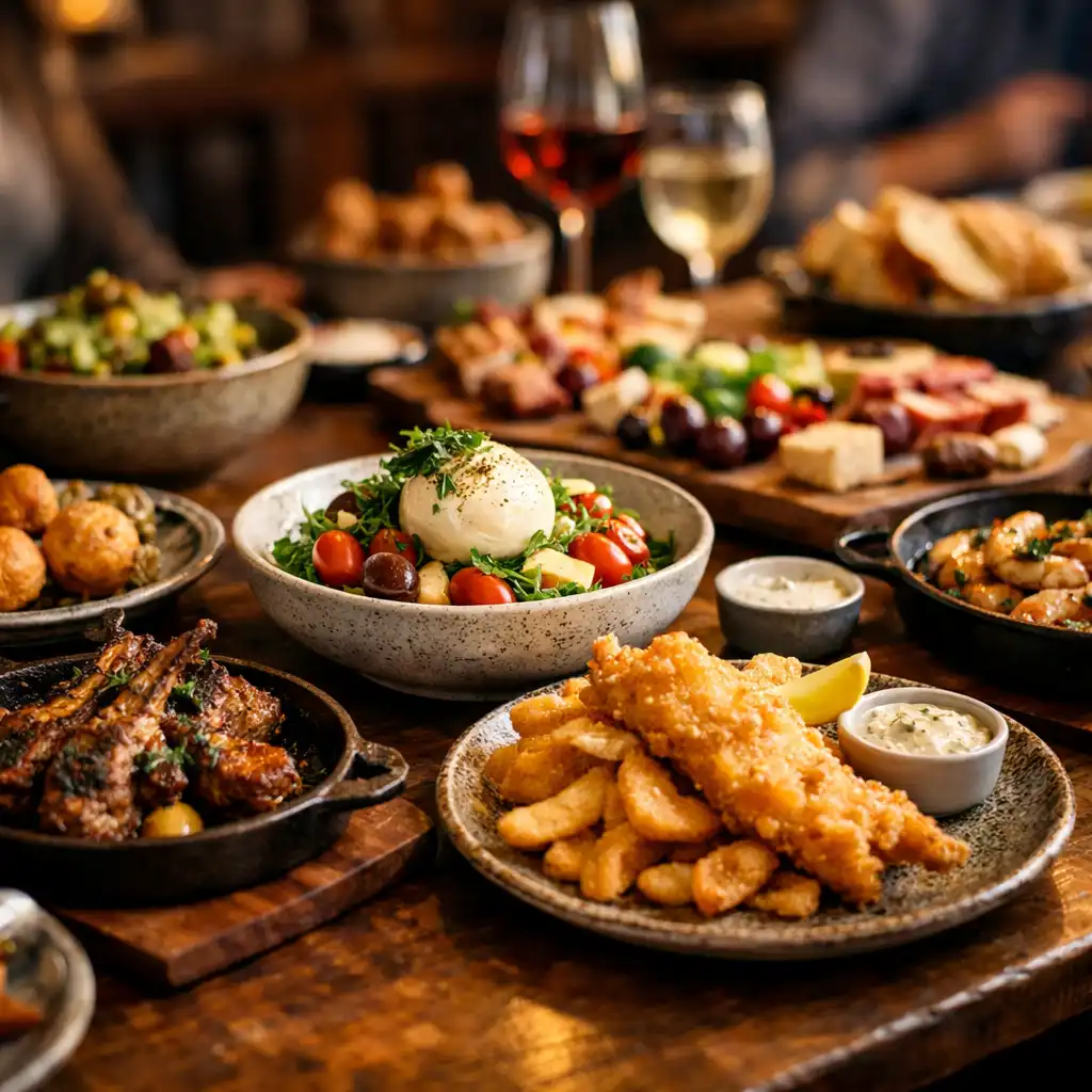 Shared dining spread with multiple dishes on a long table